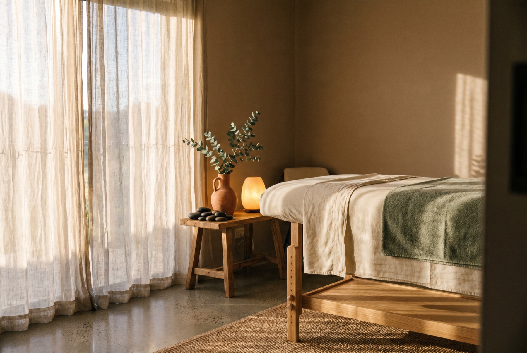 A sunlit, calm wellness treatment room with a freshly made massage table, folded sage-green towels and eucalyptus.