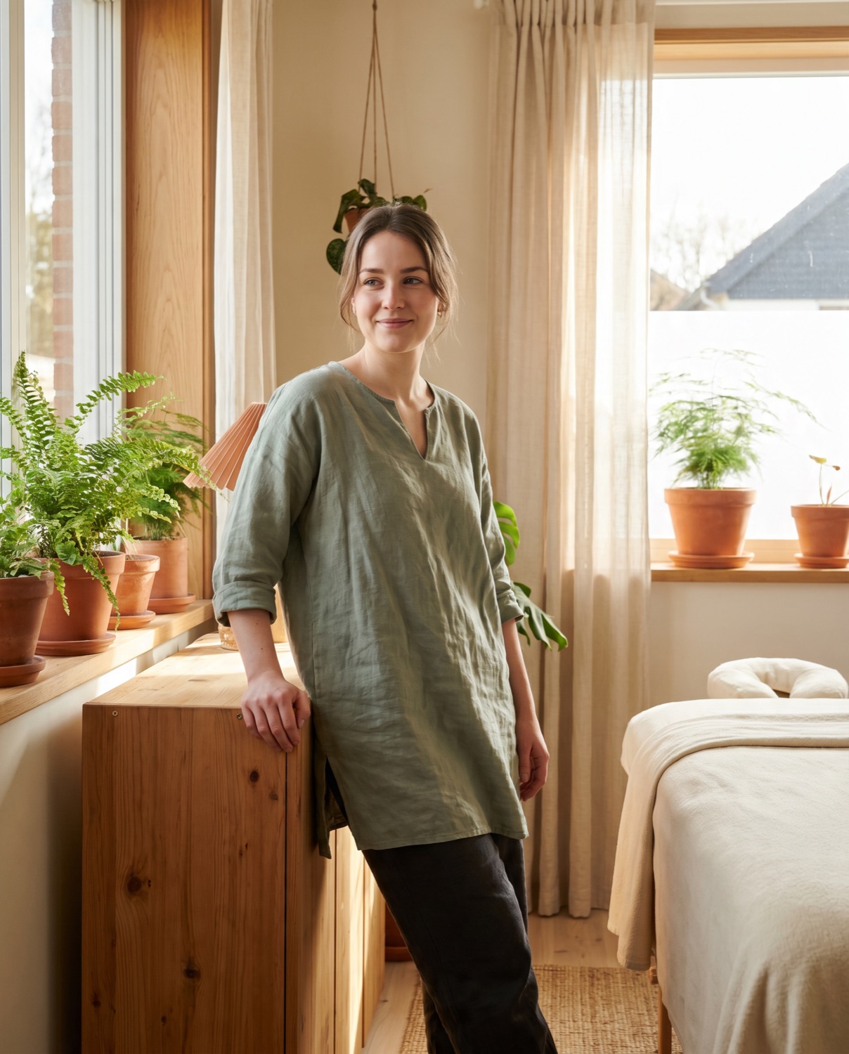 A massage therapist in a sage-green linen uniform standing in her warm, plant-filled treatment room.